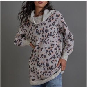 Mystree Cheetah Print Acrylic/Wool Blend Tunic Sweater M Tan/Black Lightweight